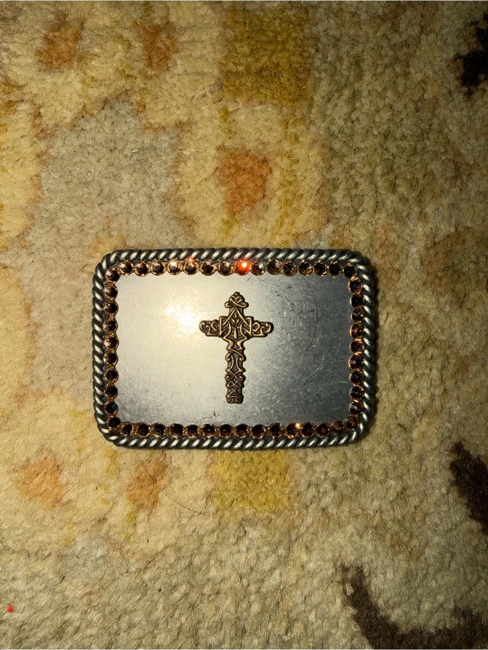 Silver-Tone Cross Accent Belt Buckle with Copper Crystal Trim